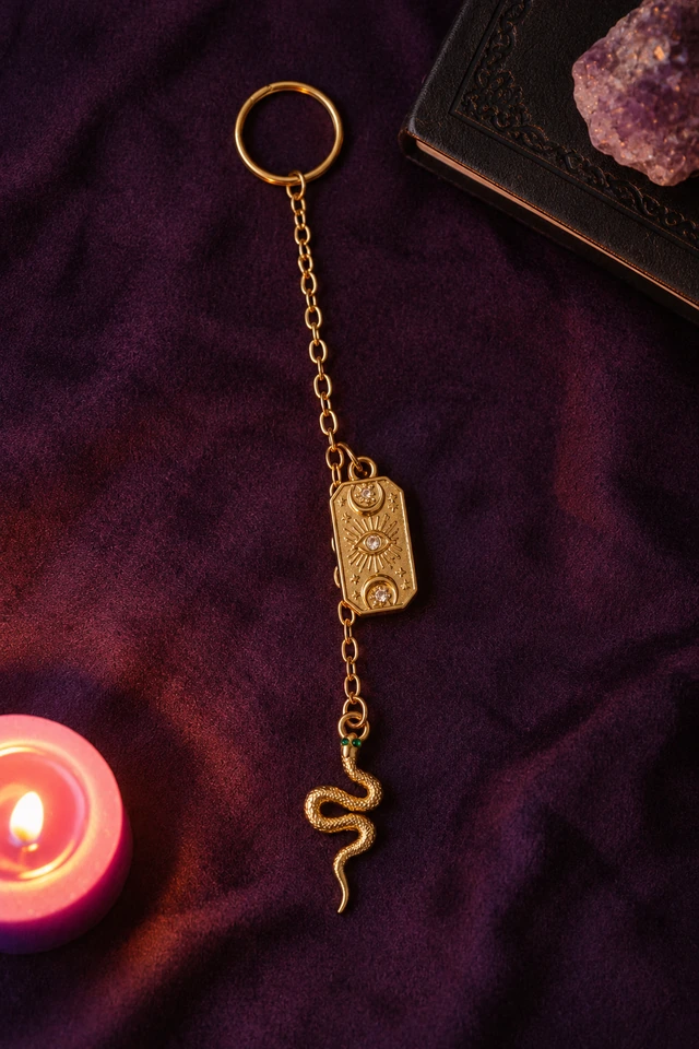 Gold tarot charm and serpent on a chain, resting on purple velvet beside a candle and amethyst.