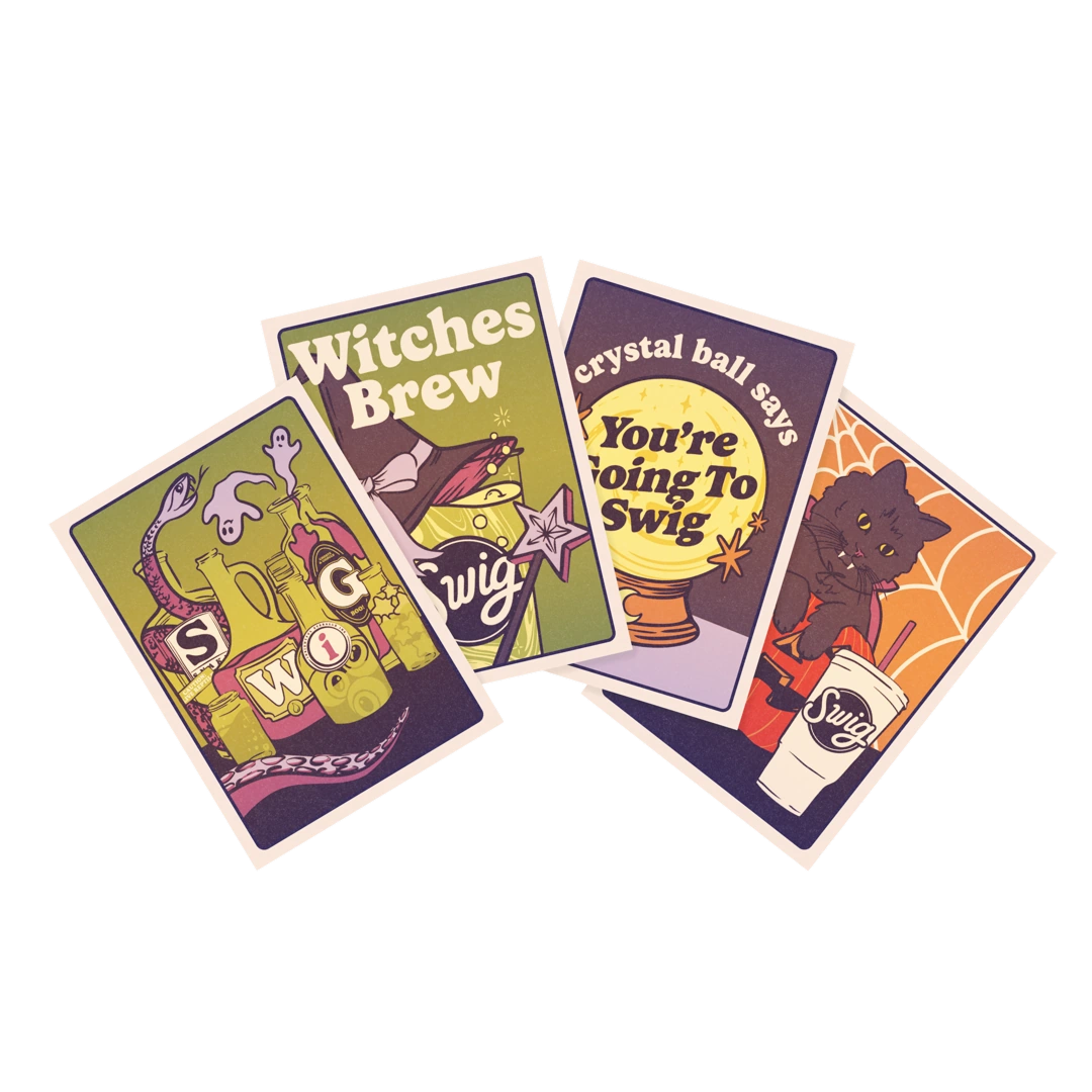 Four illustrated Halloween exchange cards