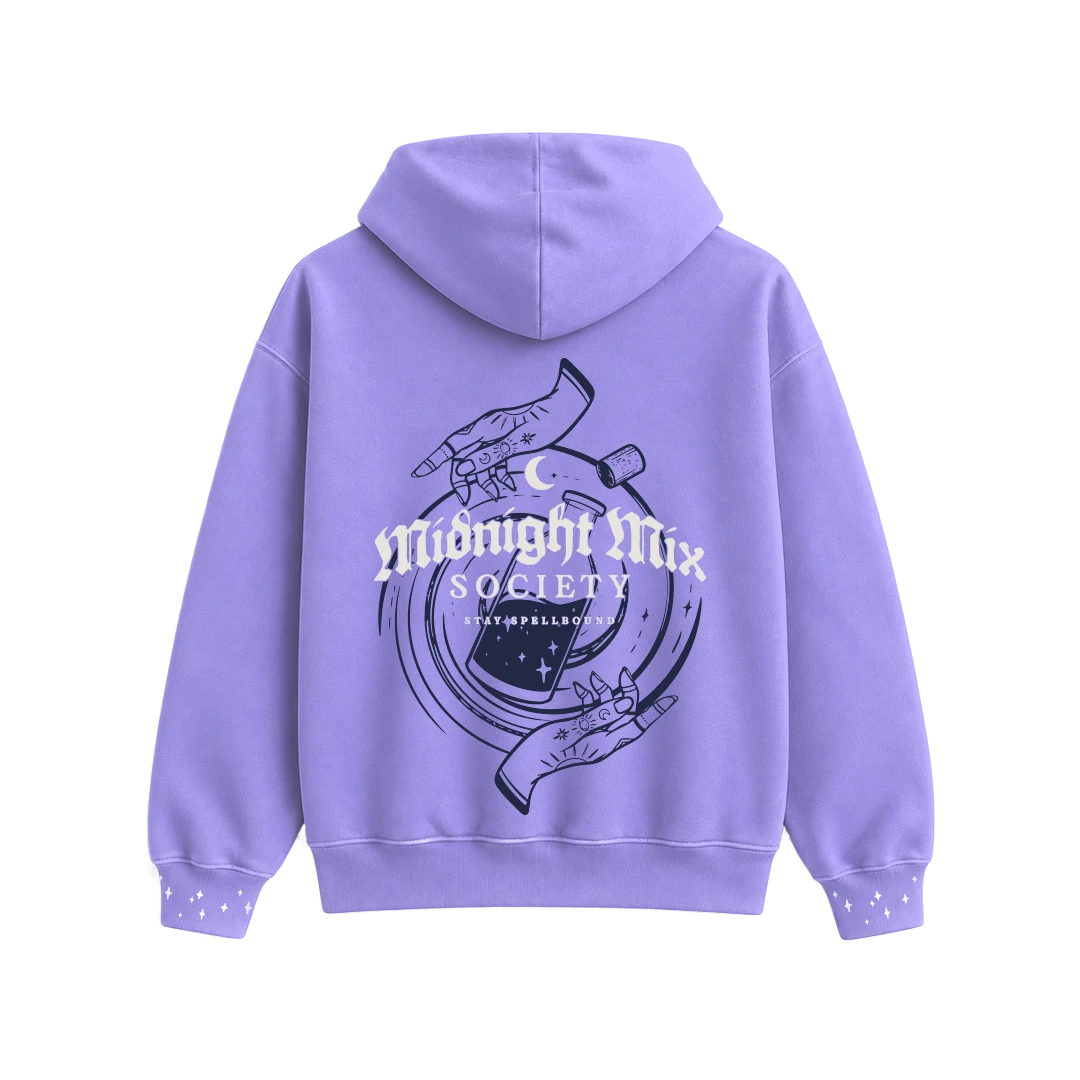 Purple Midnight Mix Society hoodie with celestial back artwork