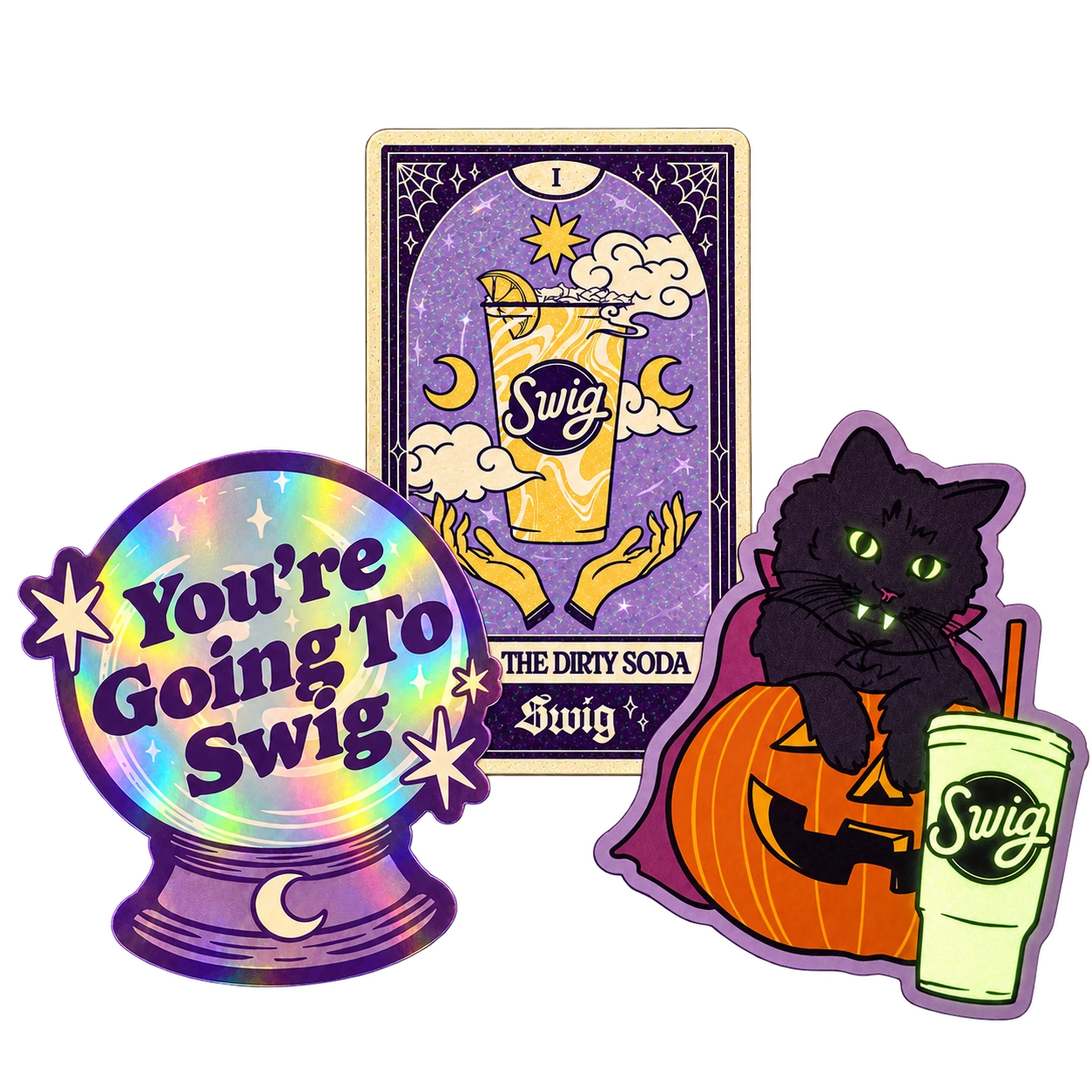 Halloween crystal ball, tarot drink and black cat stickers