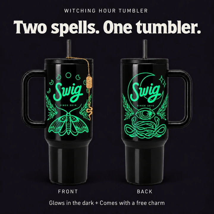 Front and back of the Witching Hour tumbler glowing green: moth design and gold charm on the left; moon, eye and serpent design on the right.